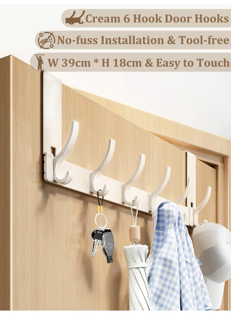YIM-VIBEHAUS Over The Door Hooks, Aluminum Door Hanger with 6 Hooks, Non-perforated Bathroom Towel Rack, Hanger Hooks for Coats, Keys, Umbrella, Wall Hanger Hooks for Living Room, Bedroom, Bathroom, Kitchen, Cream White - Image 1