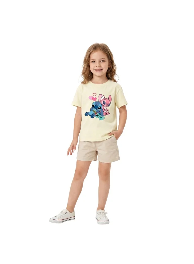 بيداني Girls Stitch Alien Cartoon  T-Shirt-Beige