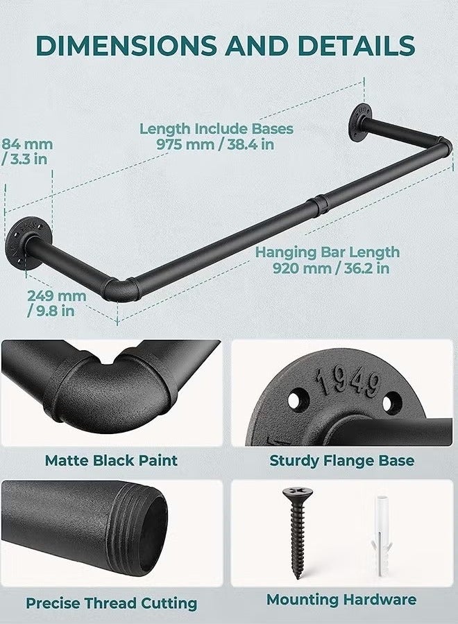 Beauenty Set of 2 Industrial Pipe Clothes Rack Wall Mounted Set of Heavy Duty Iron Pipe Clothing Garment Rail Multi-Purpose Clothing Hanging Rod for Laundry Room and Closet Storage - Image 4