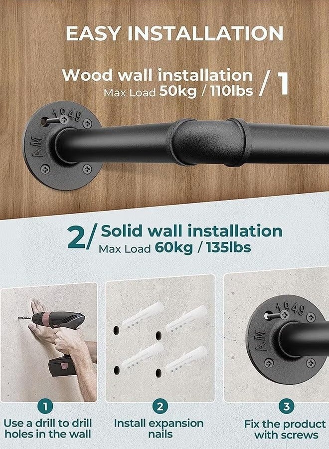 Beauenty Set of 2 Industrial Pipe Clothes Rack Wall Mounted Set of Heavy Duty Iron Pipe Clothing Garment Rail Multi-Purpose Clothing Hanging Rod for Laundry Room and Closet Storage - Image 3
