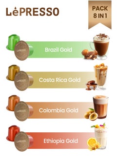 LePRESSO Aluminum Capsules for Nespresso Pack of 8 /x2 Brazil Gold /x2 Ethiopia Gold /x2 Costa Rica Gold /x2 Colombia Gold /10 Individual Capsules in Each Pack / 80 Capsules in Total /Medium Roast Coffee  - Image 2