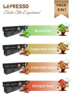 LePRESSO Aluminum Capsules for Nespresso Pack of 8 /x2 Brazil Gold /x2 Ethiopia Gold /x2 Costa Rica Gold /x2 Colombia Gold /10 Individual Capsules in Each Pack / 80 Capsules in Total /Medium Roast Coffee  - Image 1