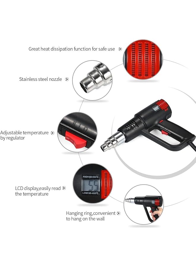 erorex 2000W Heating Gun Hot Air Gun With Lcd Digital Display 6 Nozzles Stepless Temperature Adjustment Overload Protection For Paint Stripping Pipework Soldering Car Wrapping Sticker Removing  - Image 3