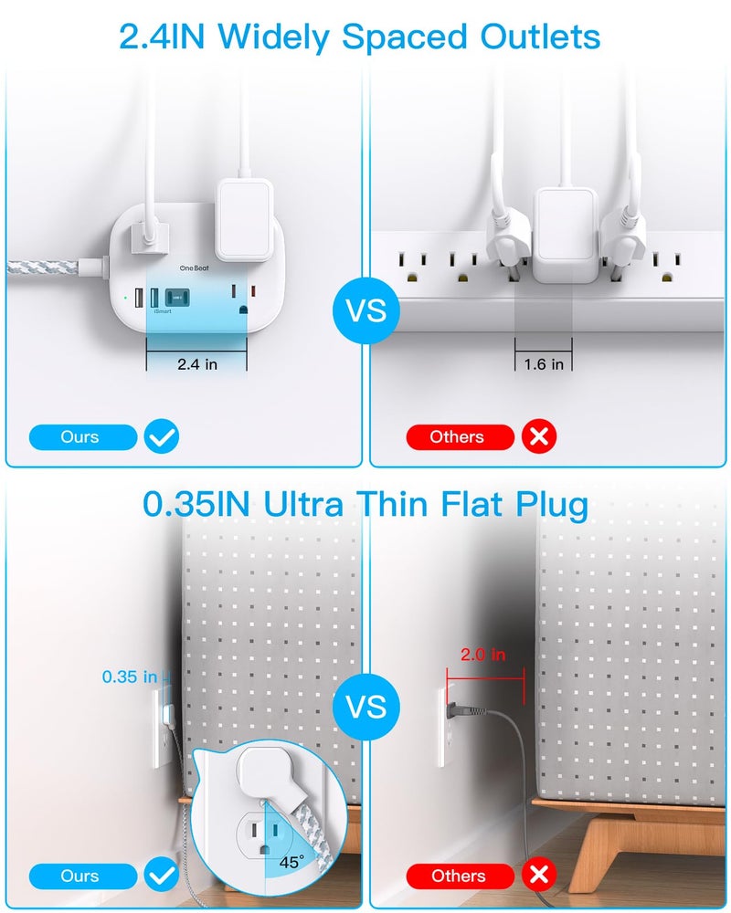 One Beat Cruise Essentials 2025,One Beat Travel Power Strip with USB C,Flat Plug Extension Cord with 3 Outlets 4 USB Ports(2 USB C),5 ft Desk Wall Outlet Extender,Non Surge Protector for Cruise,Dorm Room,ETL - Image 4