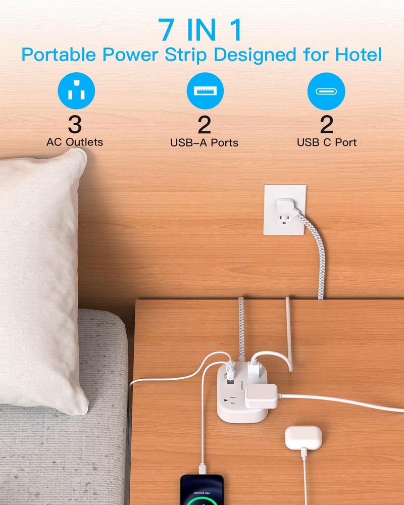One Beat Cruise Essentials 2025,One Beat Travel Power Strip with USB C,Flat Plug Extension Cord with 3 Outlets 4 USB Ports(2 USB C),5 ft Desk Wall Outlet Extender,Non Surge Protector for Cruise,Dorm Room,ETL - Image 2