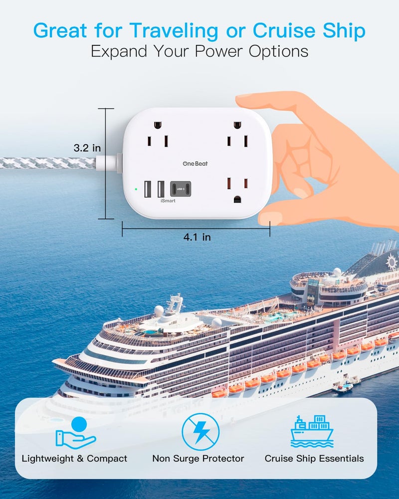 One Beat Cruise Essentials 2025,One Beat Travel Power Strip with USB C,Flat Plug Extension Cord with 3 Outlets 4 USB Ports(2 USB C),5 ft Desk Wall Outlet Extender,Non Surge Protector for Cruise,Dorm Room,ETL - Image 3