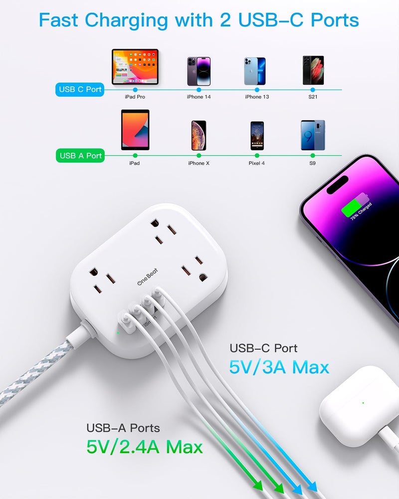 One Beat Cruise Essentials 2025,One Beat Travel Power Strip with USB C,Flat Plug Extension Cord with 3 Outlets 4 USB Ports(2 USB C),5 ft Desk Wall Outlet Extender,Non Surge Protector for Cruise,Dorm Room,ETL - Image 5