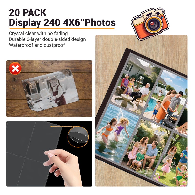 Zofly 4x6 Photo Album Refill Pages for 3 Ring Binder, 20 Pack Vertical Clear Plastic Photo Sleeves, Holds 240 Photos, Acid-Free Page Protectors, Large Capacity Family Wedding Anniversary Baby Picture Albums - Image 4