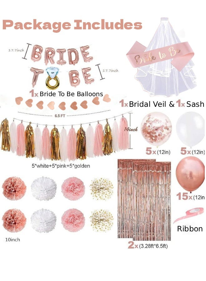 فَرَحُوم طقم زينة حفلة العزوبية باللون الوردي الذهبي، زينة حفلة الاستحمام للعروس مع شريط وطرحة، لافتة بالونات العروس مع بالون خاتم الماس، بالونات كنفتي ولاتكس، ستائر شرينج، كرات ورقية وزينة شرائط للخطوبة، حفلات العزوبية، ليلة الحنة وليلة المندي - Image 3