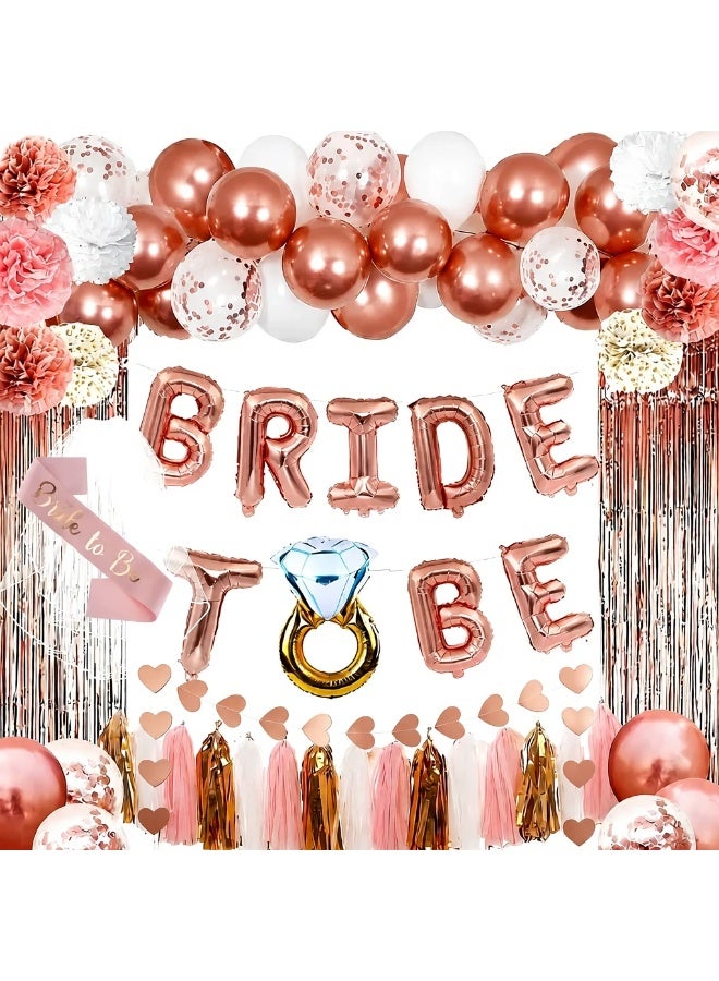 Farahom Rose Gold Bachelorette Party Decorations Set, Bride To Be Bridal Shower Decor with Sash & Veil, Bride To Be Balloons Banner with Diamond Ring Balloon, Confetti & Latex Balloons, Fringe Curtains, Paper Pom Poms & Tassel Garland for Engagement Party, Hen Party, Henna Night & Mehndi Night - Image 1