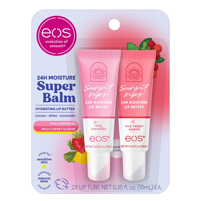 eos 24H Moisture Super Balm - Pink Lemonade & Wild Cherry Slushie, Day or Night Lip Treatment, Made for Sensitive Skin, Lip Balms & Moisturizers, 0.35 fl oz, 2-Pack - Image 1