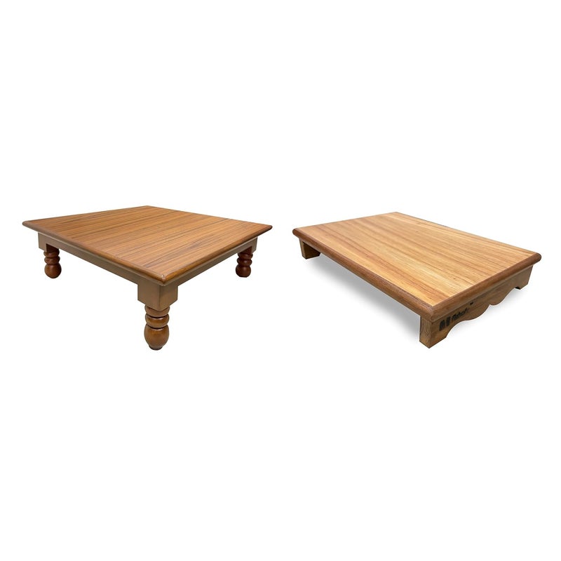 ASHOFY Combo Pack of Handmade Wooden Pooja Chowki Veneer Pooja Patla Pooja Peeta Wooden Patla Bajot Light Brown Medium Chowki 16x16x6 Patla 16x11x25 Inch - Image 1