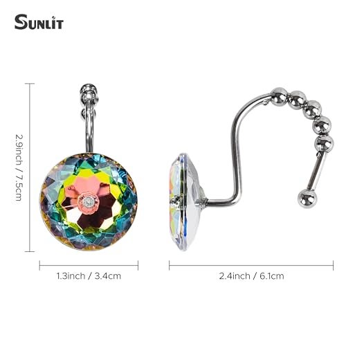 Sunlit Luxury Design Glitter Round Colorful Diamond Crystal Gem Bling with Glide Balls Shower Curtain Hooks, Rust Proof Metal Rhinestones Glam Shower Curtain Rings-12 Pack - Image 2