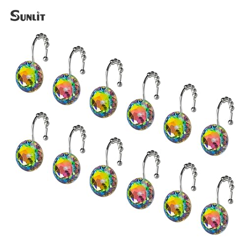 Sunlit Luxury Design Glitter Round Colorful Diamond Crystal Gem Bling with Glide Balls Shower Curtain Hooks, Rust Proof Metal Rhinestones Glam Shower Curtain Rings-12 Pack - Image 3