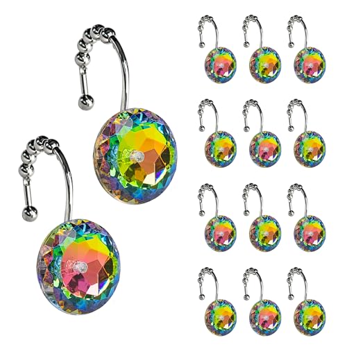 Sunlit Luxury Design Glitter Round Colorful Diamond Crystal Gem Bling with Glide Balls Shower Curtain Hooks, Rust Proof Metal Rhinestones Glam Shower Curtain Rings-12 Pack - Image 1