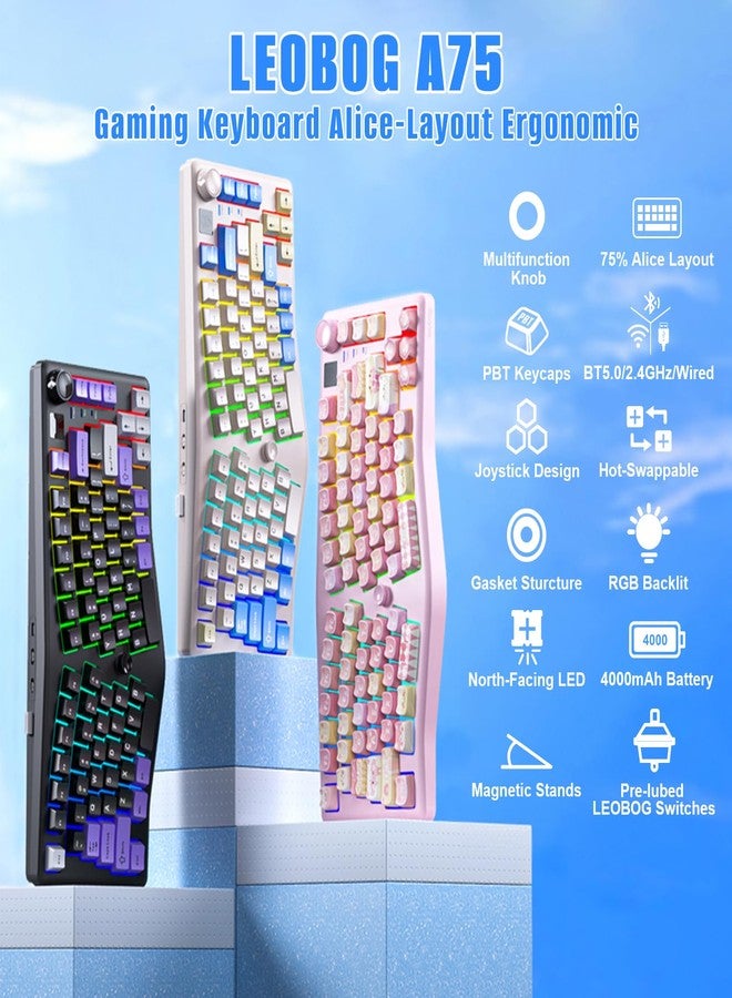 LEOBOG A75 Alice Keyboard, Tri-Mode Ergonomic Gaming Keyboard with RGB Backlit Functional Knob Joystick, 75% Layout Hot-Swap Gasket Custom Keyboards for Win Mac PC Gamer-Black - Image 2