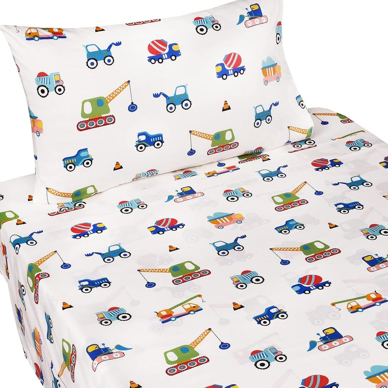 J-pinno Build Construction Engineering Vehicle Cars Trucks Crane Digger Cartoon 100% Cotton Twin 3 Pieces Sheet Set Decoration Kids Boys Children Flat Sheet + Fitted Sheet + Pillowcase Bedding Set - Image 1