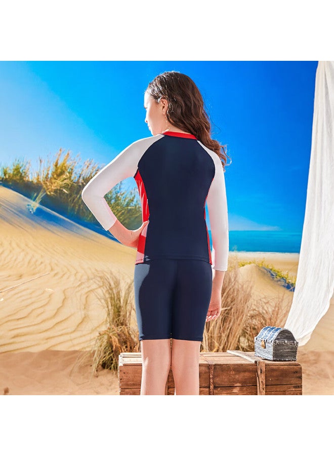 Balneaire Children's Two-piece Swimsuit, Long Sleeve And Mid-length Shorts, Easy To Put On And Take Off For Girls, Sun Protection, Chlorine Resistant, Color Block Design, Suitable For Hot Springs, Size 140 - Image 3