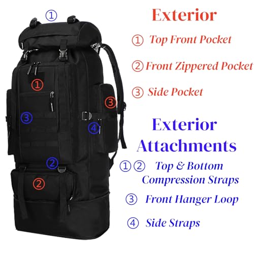 Goaste 100L Camping Hiking Backpack, Molle Military Tactical Rucksack, Waterproof Large Travel Daypack, Adjustable Survival Hunting Sports Bag for Men and Women Hiking, Camping, Touring(Black) - Image 4