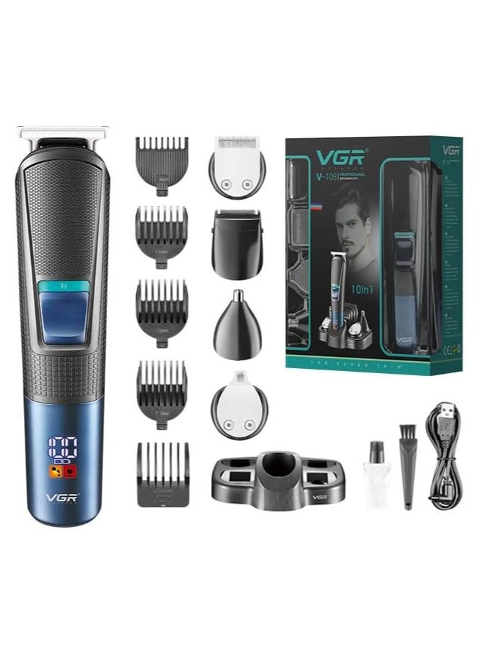 VGR V-108 Professional 10 in 1 Grooming Kit with LED Display, All in one Trimmer for Men,Suitable for Face, head, Nose,Ear & Body Grooming, 120 min Runtime (Black, Blue) 1 Year Warranty - Image 1