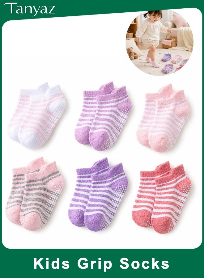 Tanyaz Kids Grip Socks, 6 Pairs Toddler Non Slip Ankle Socks, Soft Striped Low Cut Socks for Boys and Girls, M Size - Image 1