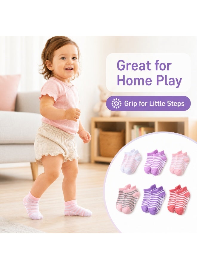 Tanyaz Kids Grip Socks, 6 Pairs Toddler Non Slip Ankle Socks, Soft Striped Low Cut Socks for Boys and Girls, M Size - Image 3