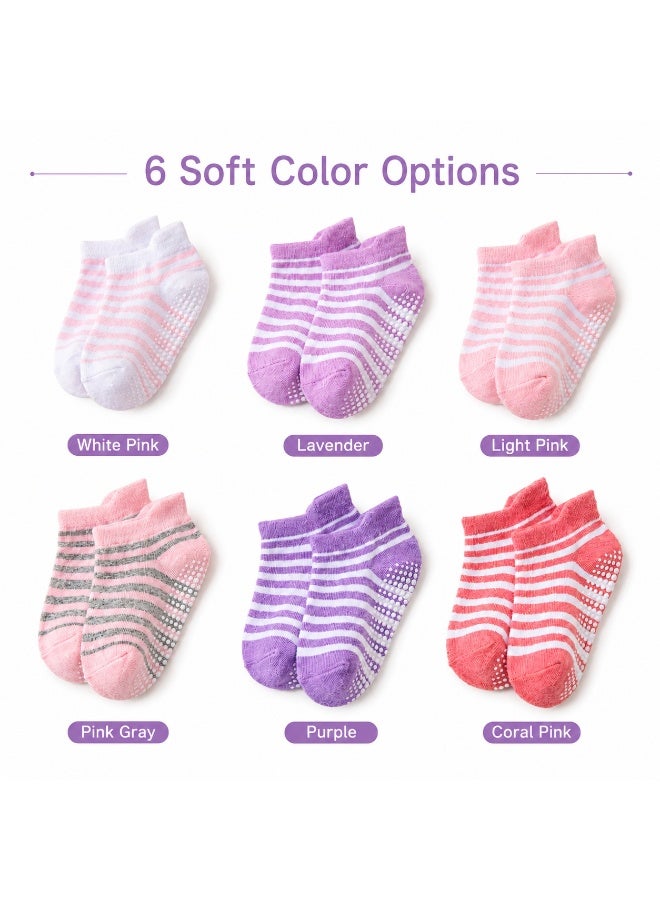 Tanyaz Kids Grip Socks, 6 Pairs Toddler Non Slip Ankle Socks, Soft Striped Low Cut Socks for Boys and Girls, M Size - Image 2