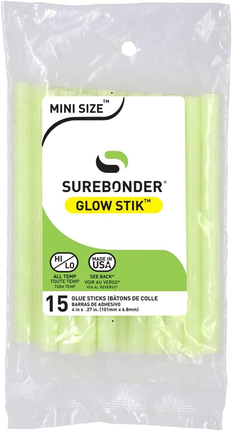 Surebonder GS-15 Glo Stik Mini Glue Sticks - 15 Count, 4" Length, Glow-in-the-Dark - Image 1