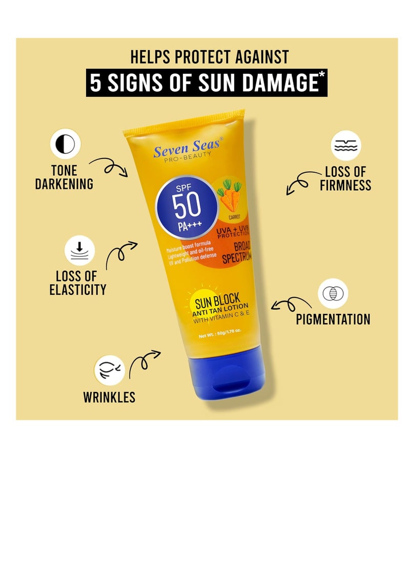 Seven Seas Seven Seas Sun Block Anti Tan Lotion With Vitamin C and E   SPF 50 and PA   UVA  UVB Protection Broad Spectrum Carrot Extract  - Image 2