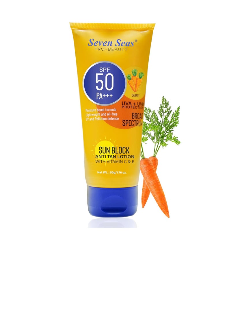 Seven Seas Seven Seas Sun Block Anti Tan Lotion With Vitamin C and E   SPF 50 and PA   UVA  UVB Protection Broad Spectrum Carrot Extract  - Image 1