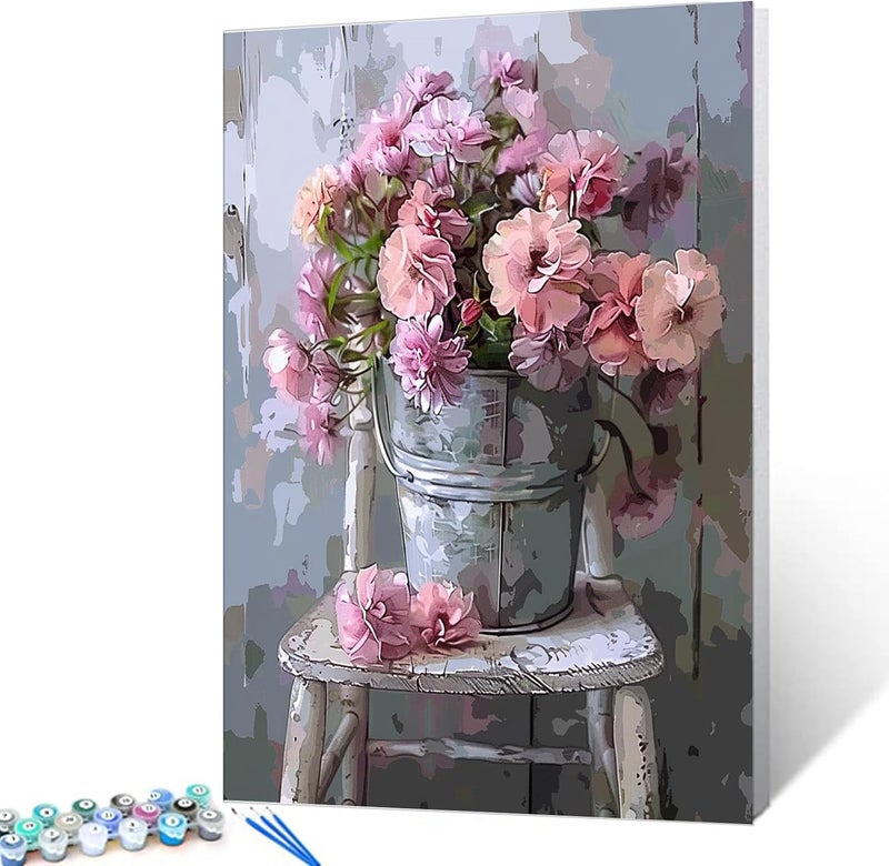 Tucocoo DIY Paint by Numbers Pink Flowers  Vintage Style Adults Painting Kit on Canvas - Image 1