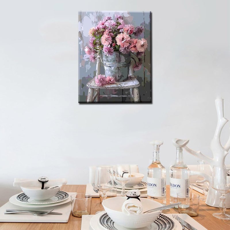 Tucocoo DIY Paint by Numbers Pink Flowers  Vintage Style Adults Painting Kit on Canvas - Image 3