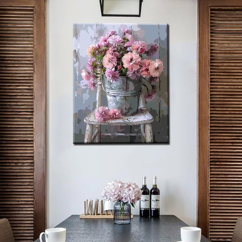 Tucocoo DIY Paint by Numbers Pink Flowers  Vintage Style Adults Painting Kit on Canvas - Image 2