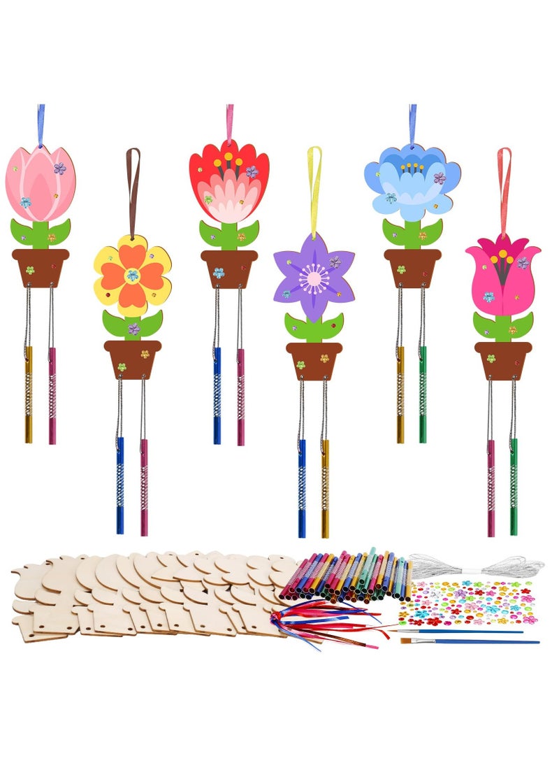 SOLARAE Wind Chime Craft Set, 12 Pack Flower Wind Chime Craft for Kids Make You Own Flower Wind Chimes Ornaments DIY Coloring Wooden Art and Craft for Spring Summer Art Activities Birthday Decorations - Image 1