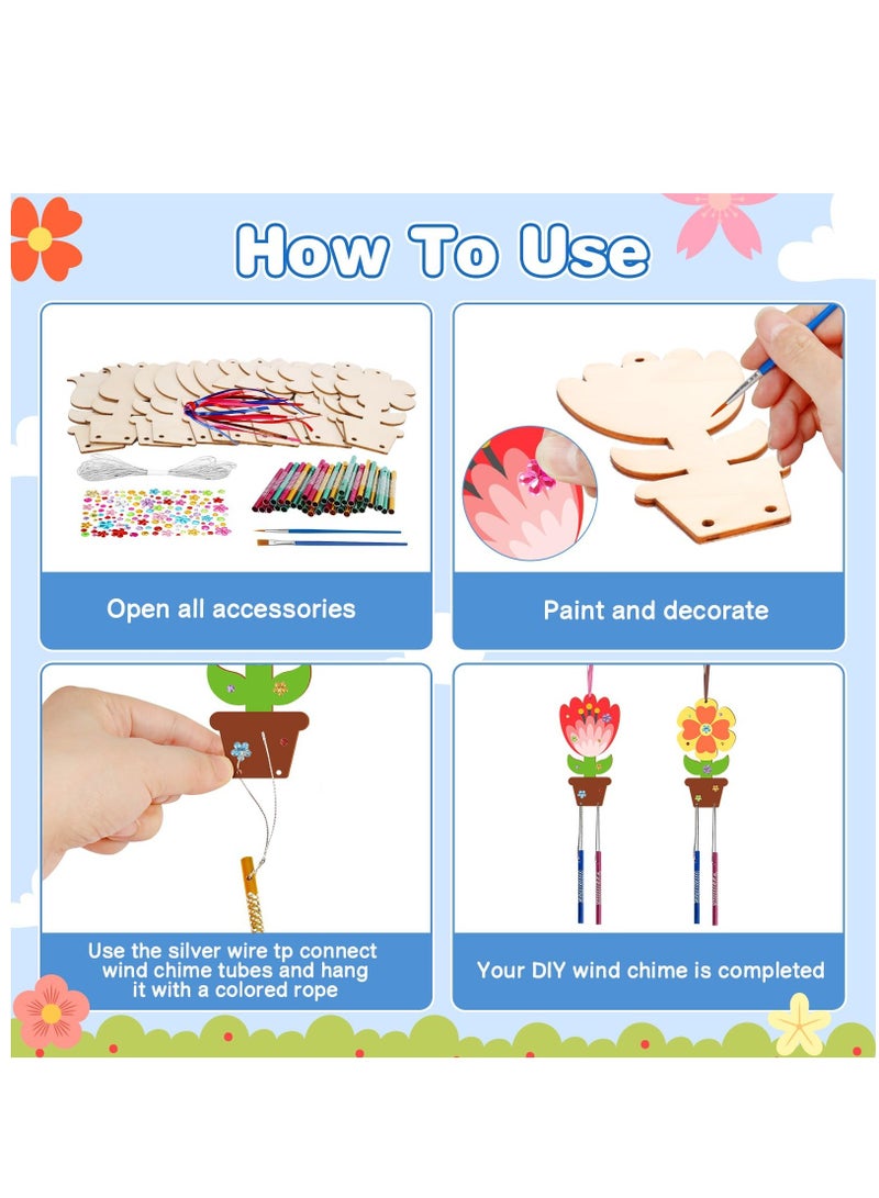 SOLARAE Wind Chime Craft Set, 12 Pack Flower Wind Chime Craft for Kids Make You Own Flower Wind Chimes Ornaments DIY Coloring Wooden Art and Craft for Spring Summer Art Activities Birthday Decorations - Image 3