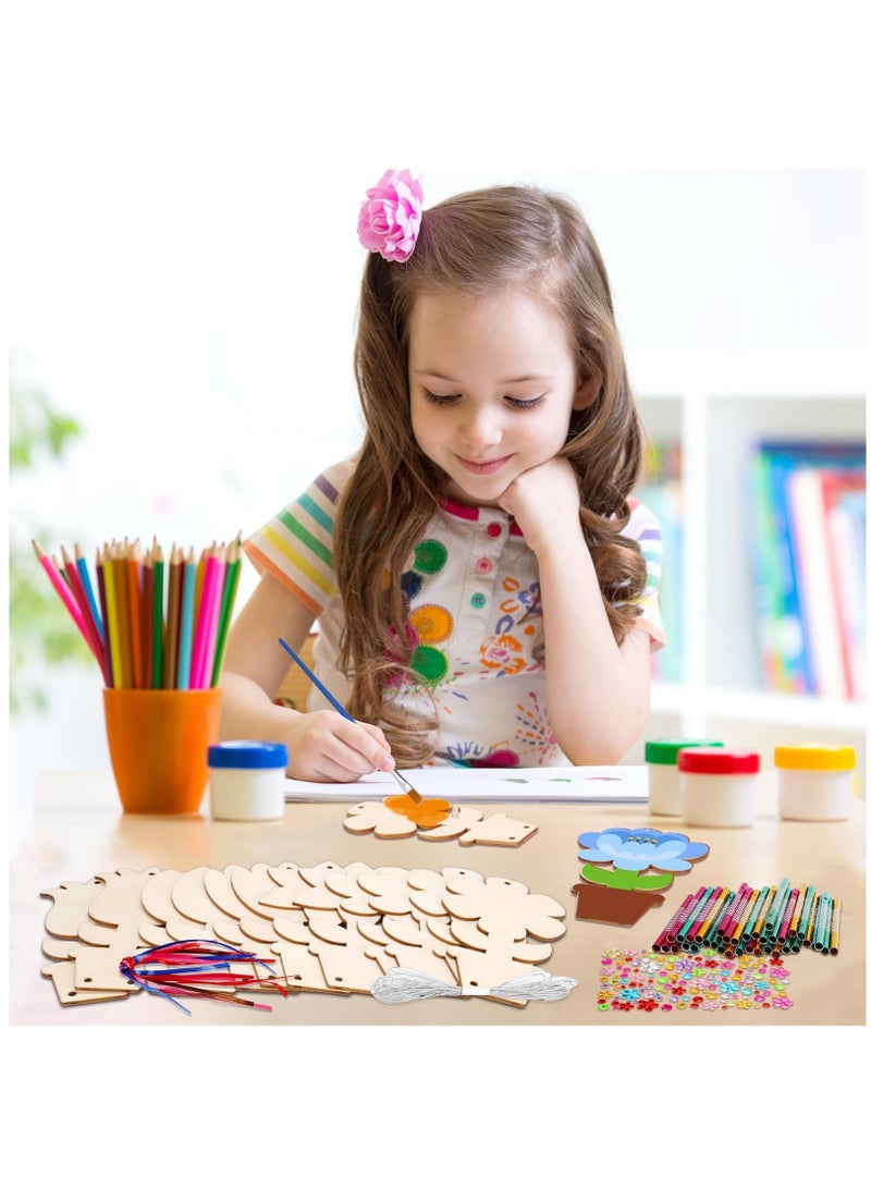 SOLARAE Wind Chime Craft Set, 12 Pack Flower Wind Chime Craft for Kids Make You Own Flower Wind Chimes Ornaments DIY Coloring Wooden Art and Craft for Spring Summer Art Activities Birthday Decorations - Image 2