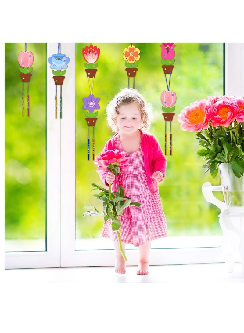 SOLARAE Wind Chime Craft Set, 12 Pack Flower Wind Chime Craft for Kids Make You Own Flower Wind Chimes Ornaments DIY Coloring Wooden Art and Craft for Spring Summer Art Activities Birthday Decorations - Image 4