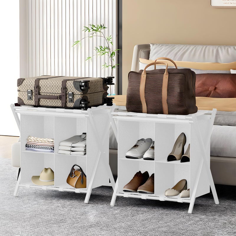 Huhote Luggage Rack for Guest Room, Set of 2, Folding Suitcase Stand with Fabric Storage Shelf, Luggage Holder, Steel Foldable Luggage Stand for Guest Room, Bedroom, Hotel, White - Image 1