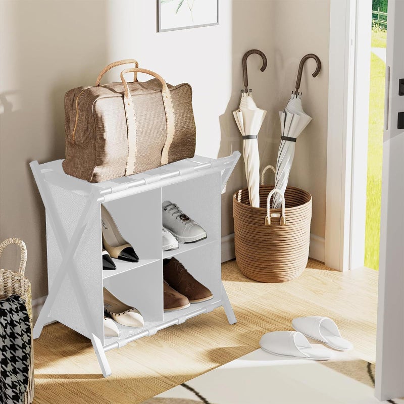 Huhote Luggage Rack for Guest Room, Set of 2, Folding Suitcase Stand with Fabric Storage Shelf, Luggage Holder, Steel Foldable Luggage Stand for Guest Room, Bedroom, Hotel, White - Image 3