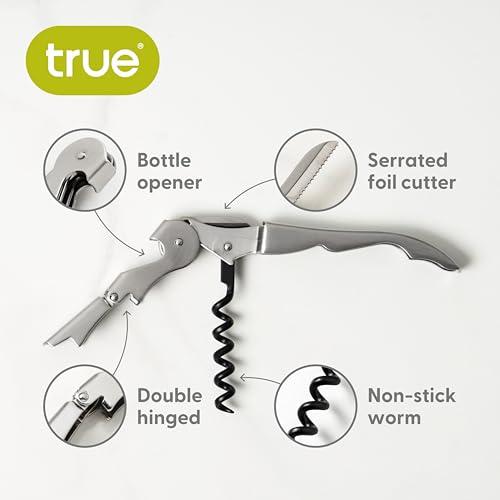 True Truetap Double Hinged Waiter's Corkscrew Wine Opener, Stainless Steel Wine Bottle Opener with Built In Foil Cutter, Home Bar Tools, Bar Cart Accessories, Wedding Gifts, Set of 1, Silver - Image 2