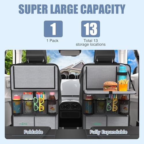 Plzpik Car Backseat Organizer with Tablet Holder11 Storage Pockets with Foldable Food Tray Protector Kick Mats for Kids Travel Accessories Organizer Gray 1Pack - Image 3