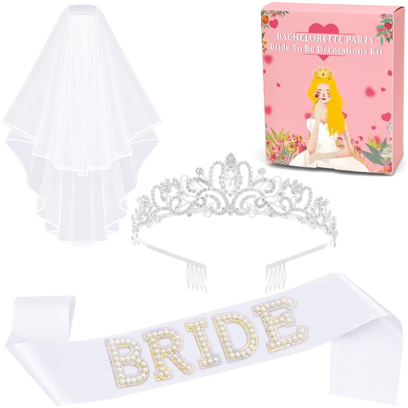 Scartink 3Pcs Bachelorette Party Set-Wedding Tiara Crown, Veil with Comb & 'Bride' Sash - Bridal Decorations & Accessories Gift (silver) - Image 1