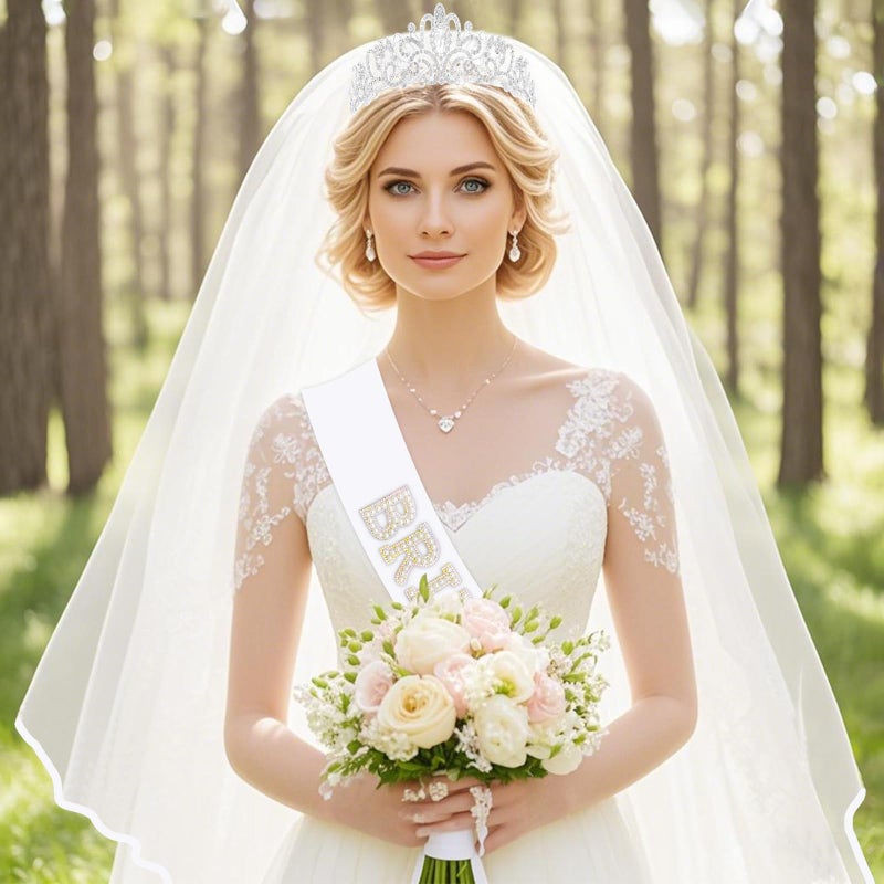 Scartink 3Pcs Bachelorette Party Set-Wedding Tiara Crown, Veil with Comb & 'Bride' Sash - Bridal Decorations & Accessories Gift (silver) - Image 5