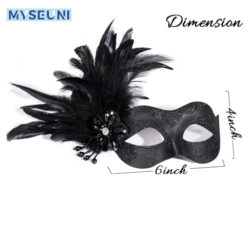 MYSEUNI 2025 New Black Masquerade Masks for Women with Feathers - Womens Mascarade Venetian Mask for Masquerade Party, Mardi Gras, Halloween Cosplay Prom, Christmas - Image 2