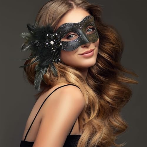 MYSEUNI 2025 New Black Masquerade Masks for Women with Feathers - Womens Mascarade Venetian Mask for Masquerade Party, Mardi Gras, Halloween Cosplay Prom, Christmas - Image 5