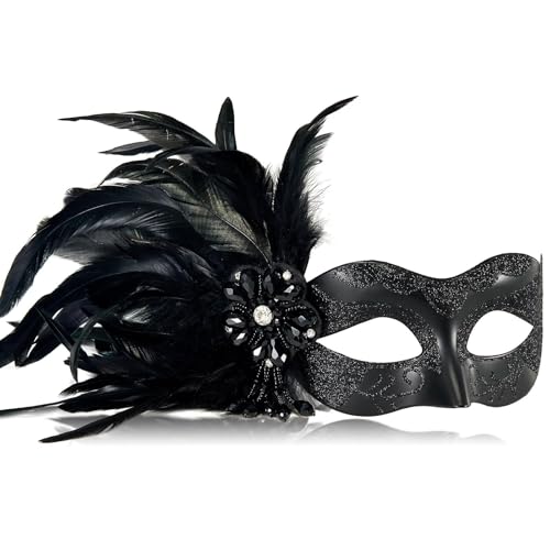 MYSEUNI 2025 New Black Masquerade Masks for Women with Feathers - Womens Mascarade Venetian Mask for Masquerade Party, Mardi Gras, Halloween Cosplay Prom, Christmas - Image 1