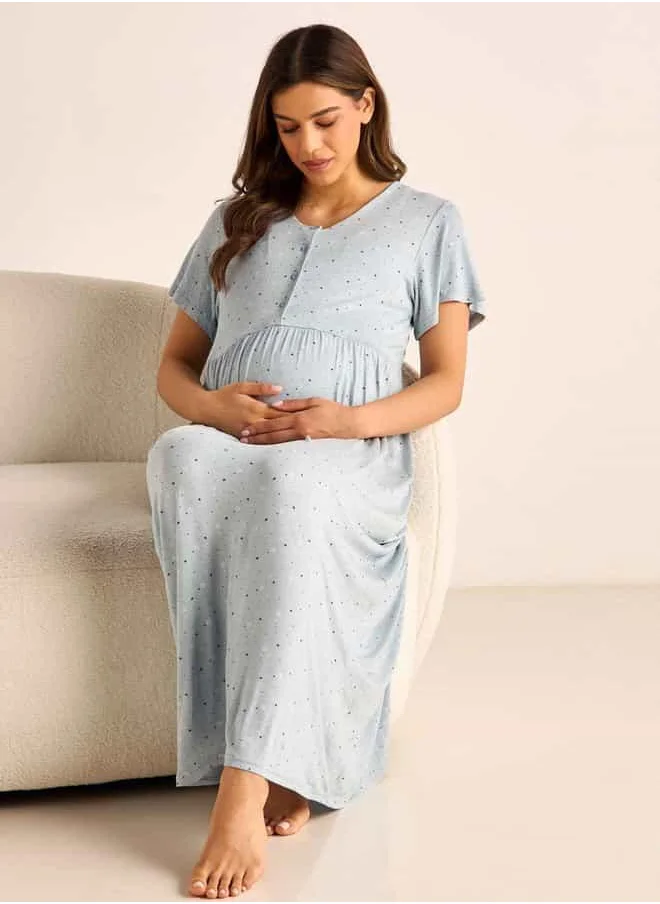 فاف Printed Maternity Sleepshirt with Short Sleeves