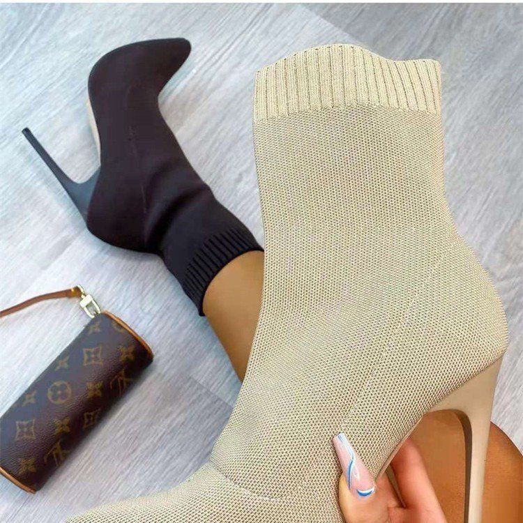 Autumn Knitted Elastic Boots Pointed Socks Boots High Heel Short Boots Plus Size Thin Heel Socks Boots - Image 2