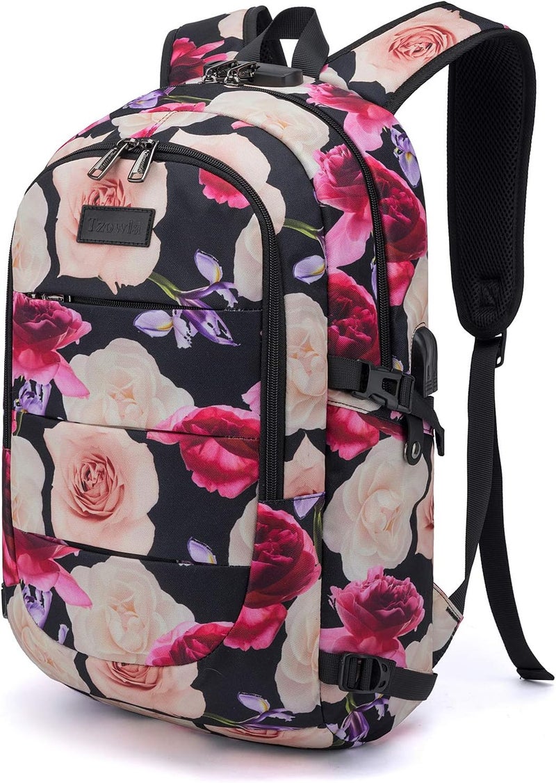 Tzowla Business Laptop Backpack Water Resistant Anti-Theft College Backpack with USB Charging Port and Lock 15.6 Inch Computer Backpacks for Women Girls, Casual Hiking Travel Daypack (Flower) - Image 1
