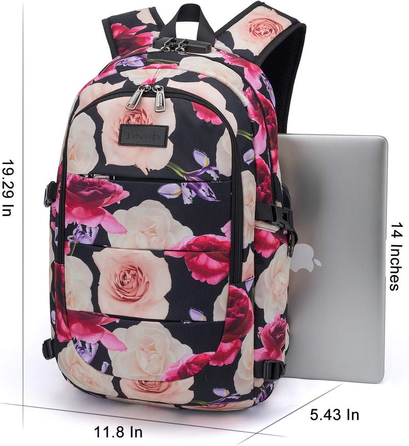 Tzowla Business Laptop Backpack Water Resistant Anti-Theft College Backpack with USB Charging Port and Lock 15.6 Inch Computer Backpacks for Women Girls, Casual Hiking Travel Daypack (Flower) - Image 5